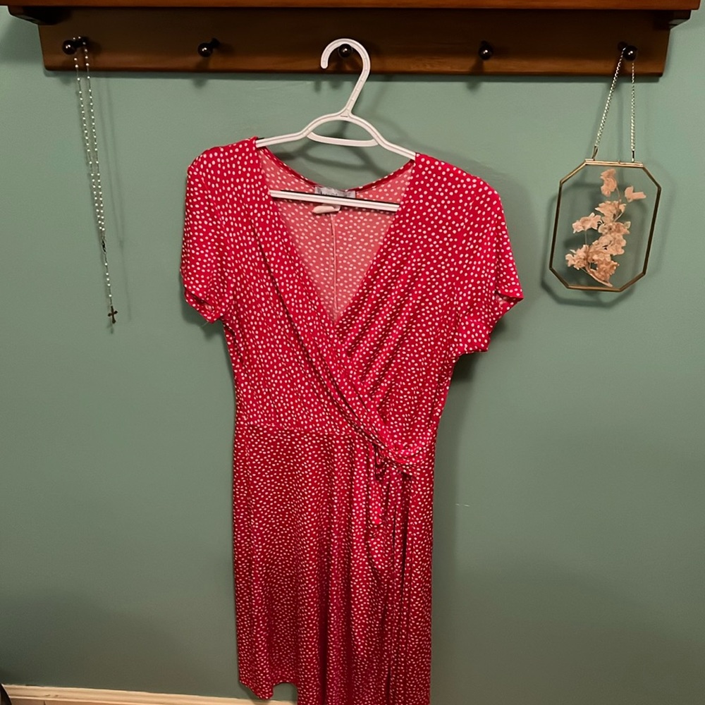 Women’s faux wrap red and white polka dot dress, M